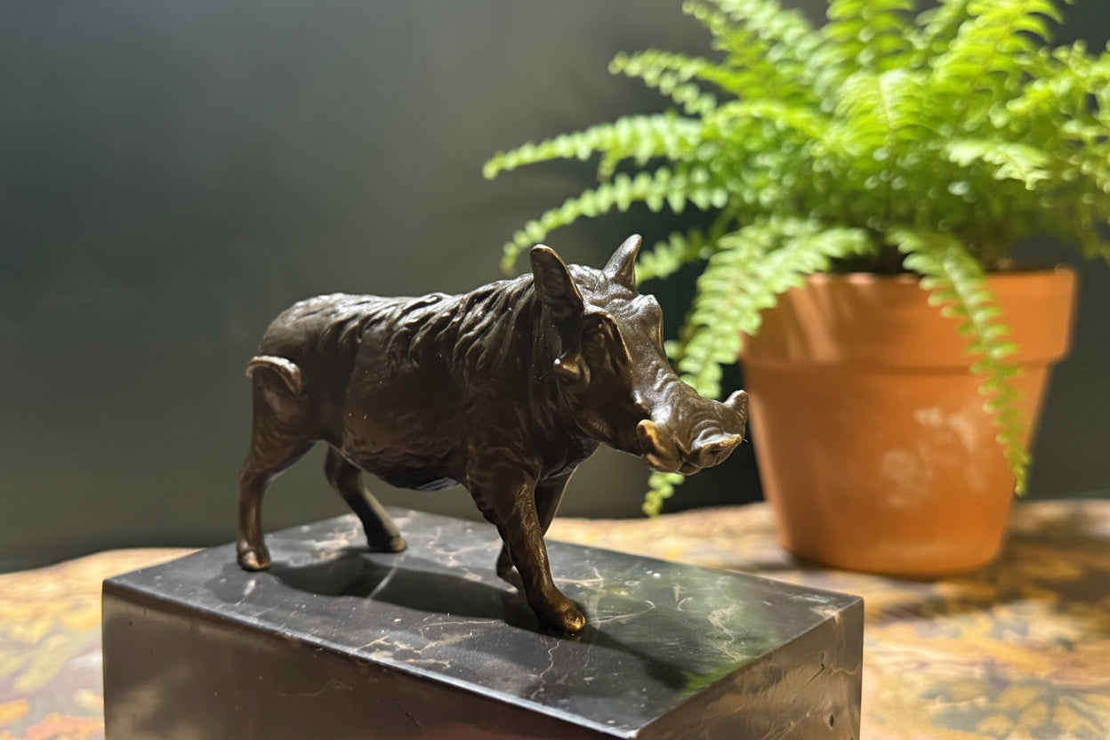 Bronzen Wild Zwijn Beeldje - Marmeren Sokkel, Jachtkamer Decoratie