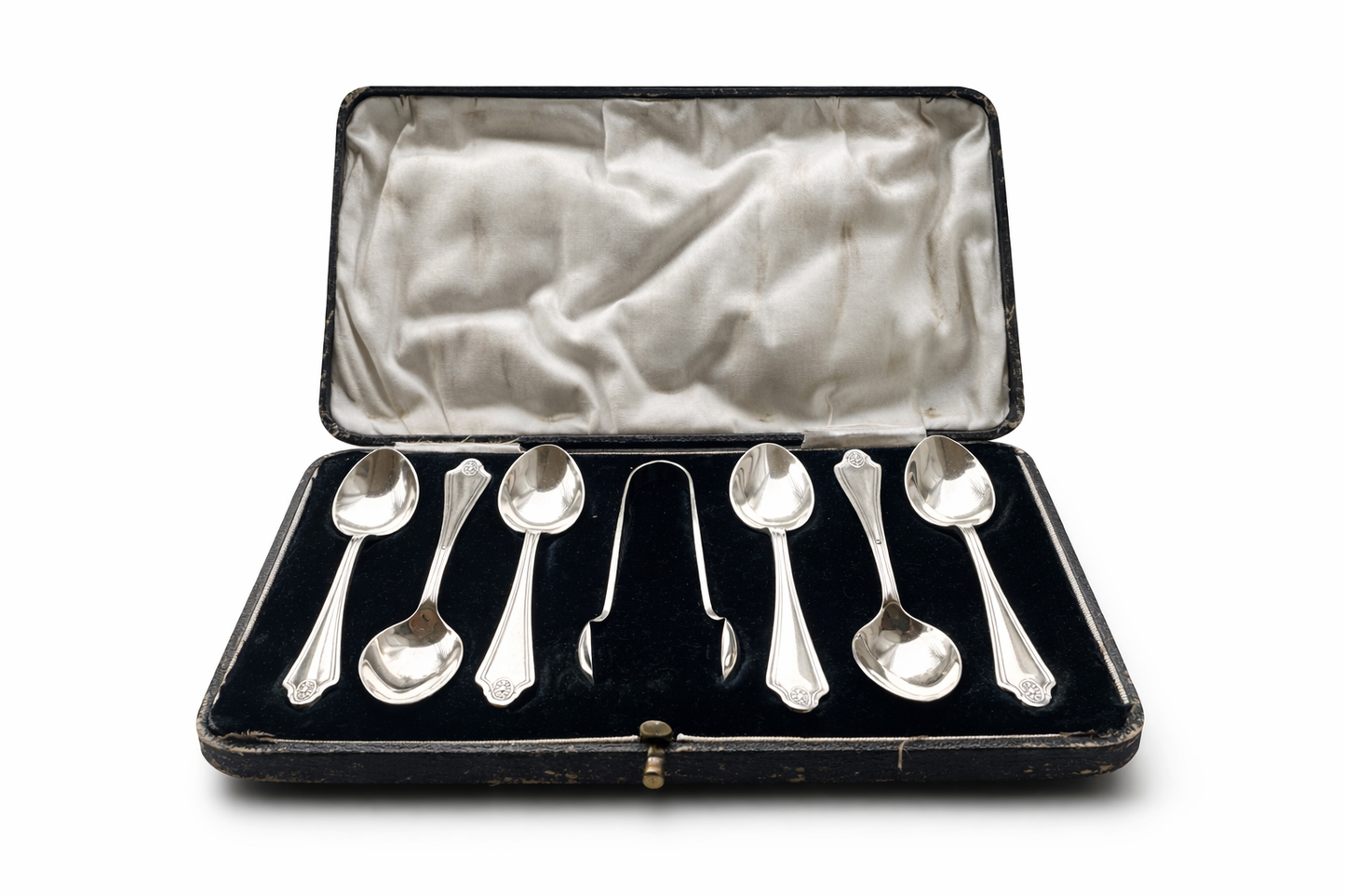 Engelse Art-Deco zilveren theelepelset (1925) – S. L. Deakin & Son – Sterling 925 – incl. suikertang & etui