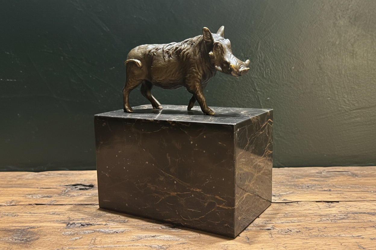 bronzen beeld van een wildzwijn