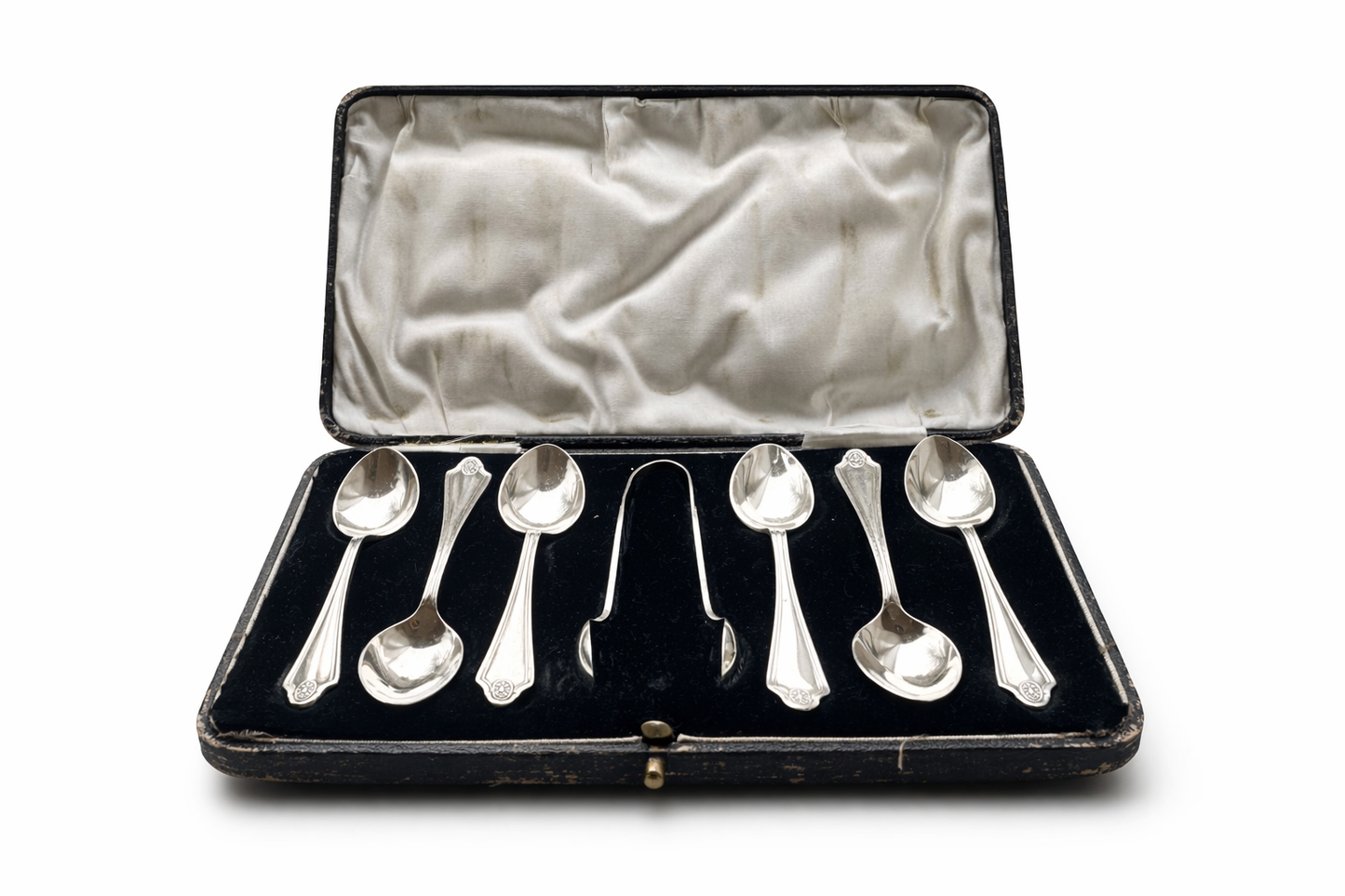 Engelse Art-Deco zilveren theelepelset (1925) – S. L. Deakin & Son – Sterling 925 – incl. suikertang & etui