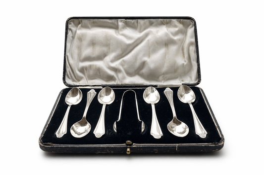 Engelse Art-Deco zilveren theelepelset (1925) – S. L. Deakin & Son – Sterling 925 – incl. suikertang & etui