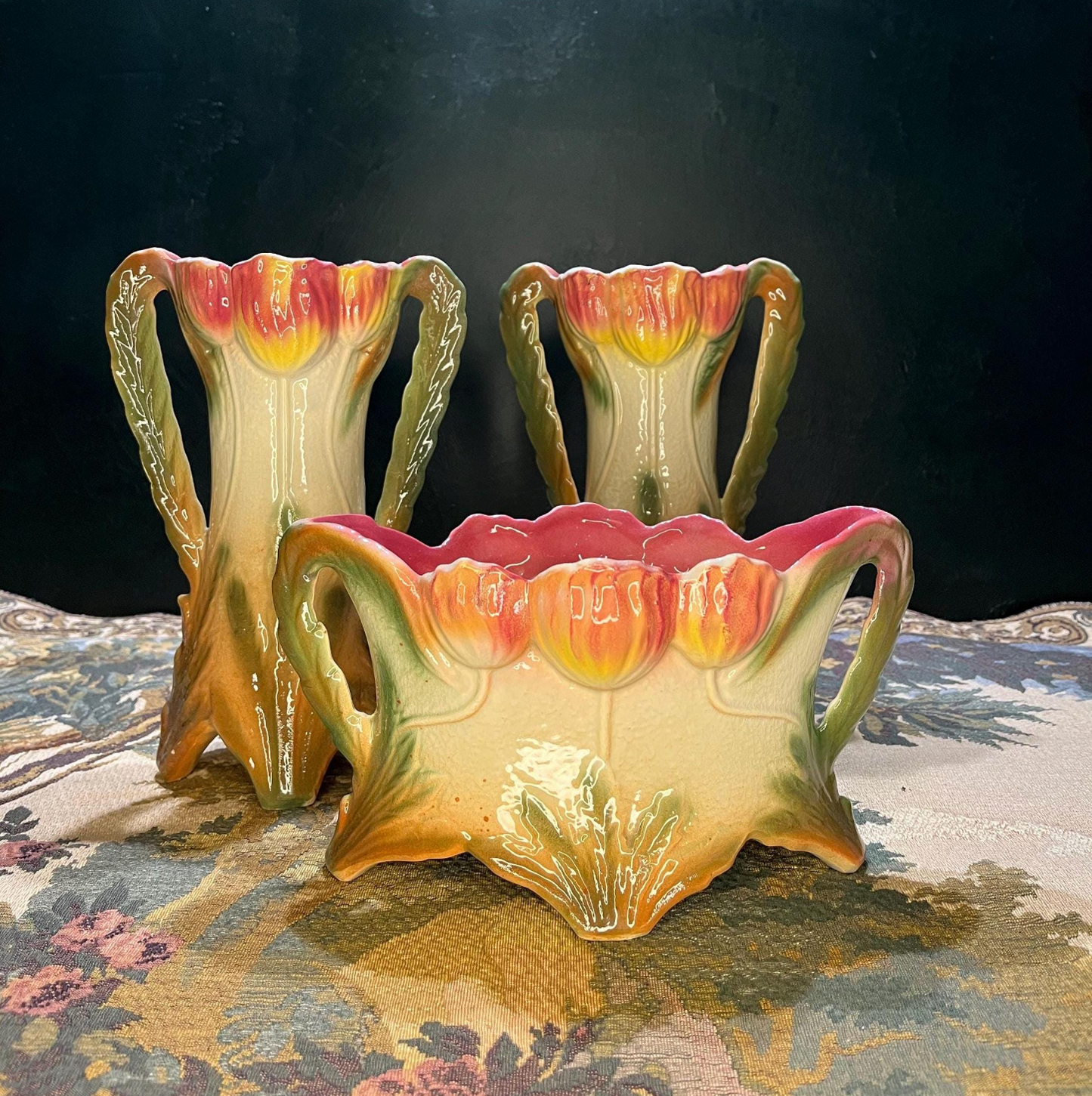 Antiek Art Deco Tulpenset - Jardinière met Twee Vaasjes - Jugendstil Nederland ca. 1925