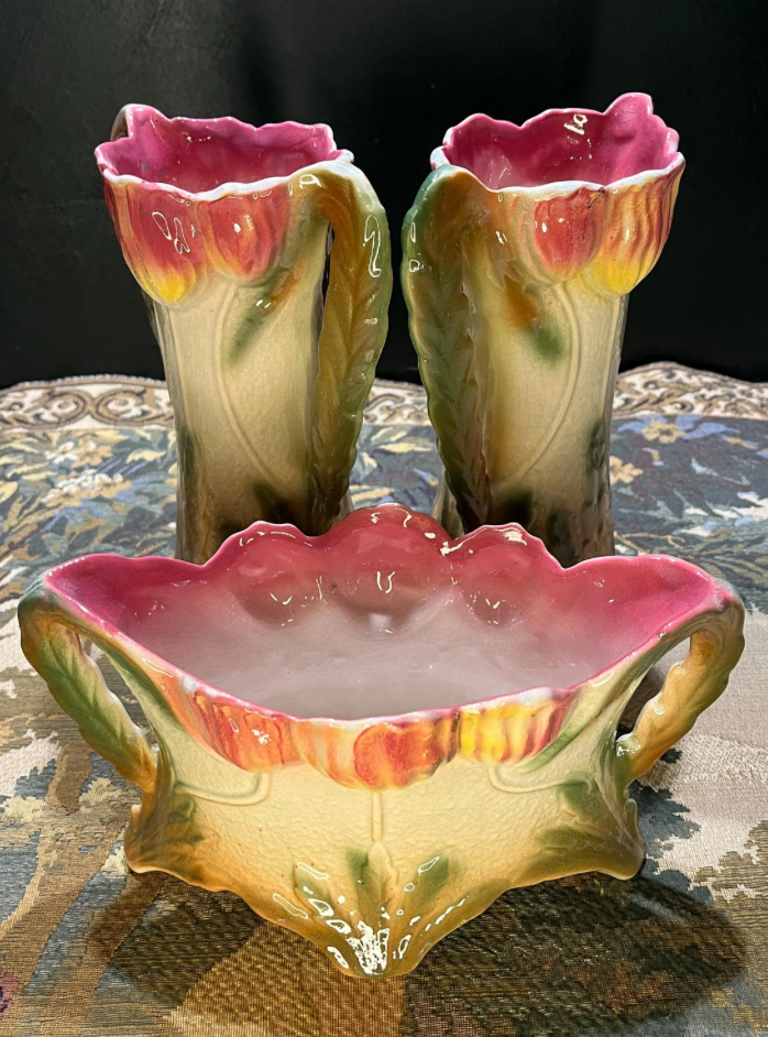 Antiek Art Deco Tulpenset - Jardinière met Twee Vaasjes - Jugendstil Nederland ca. 1925
