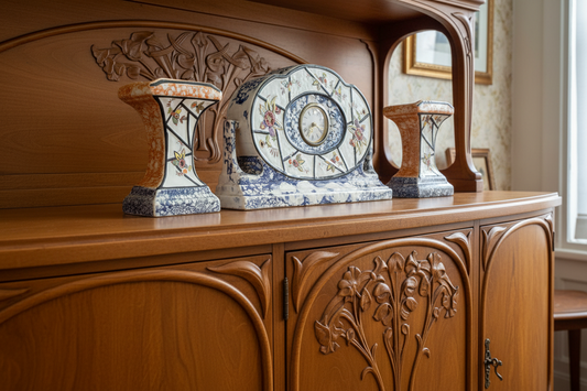 Art-déco-Majolika-Wasmuel-Uhrenset – Komplettes 3-teiliges Set, Belgien