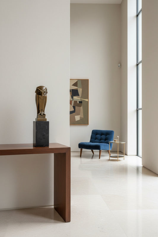 bronzen uil in moderne ruimte