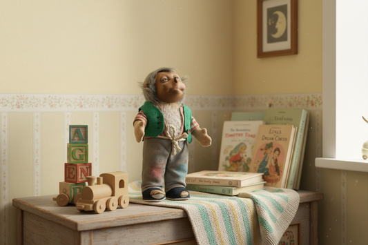 Steiff Mecky Egelpop - Vintage Jaren 50 - Hör Zu Serie - Groen Chaletje