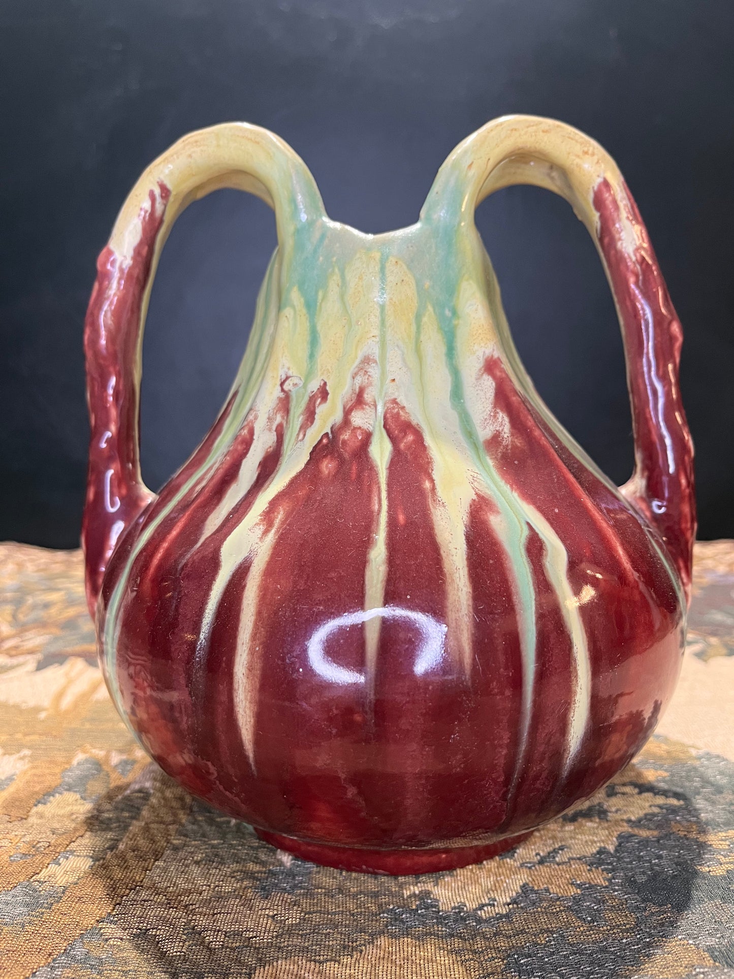 Art Nouveau Vaas Faïence Thulin Belgium - Druipglazuur Eclectische Kleuren