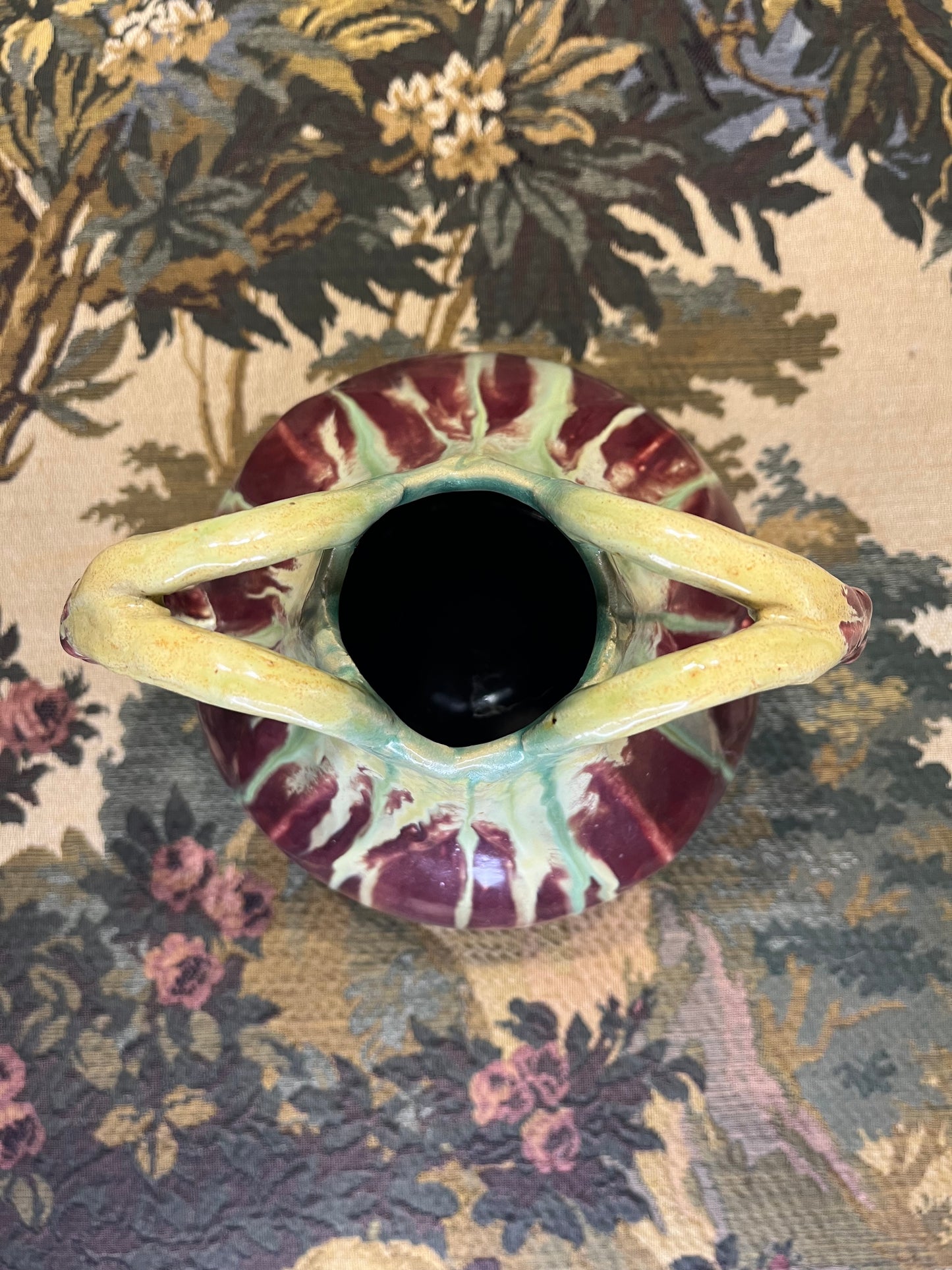 Art Nouveau Vaas Faïence Thulin Belgium - Druipglazuur Eclectische Kleuren