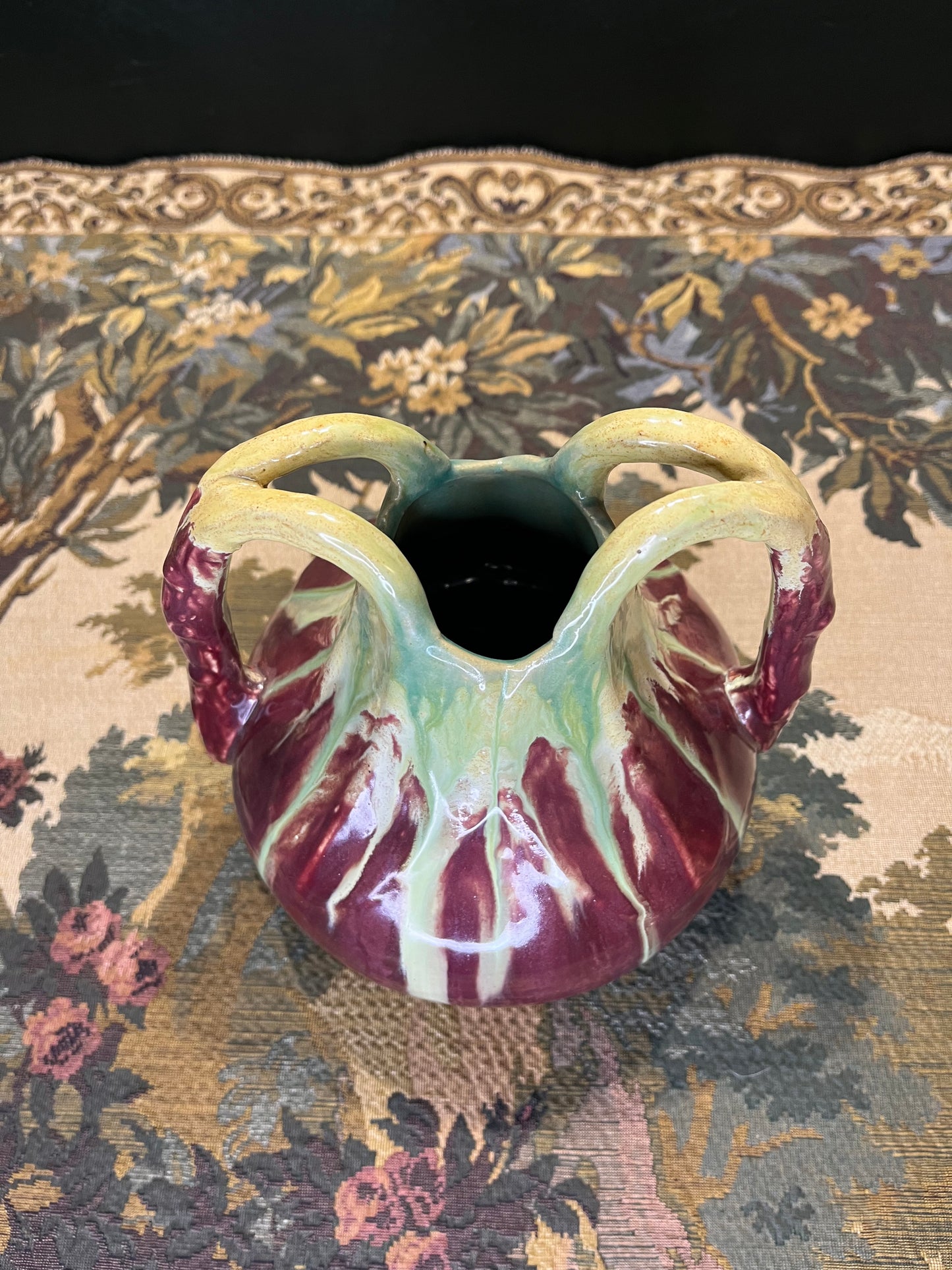 Art Nouveau Vaas Faïence Thulin Belgium - Druipglazuur Eclectische Kleuren