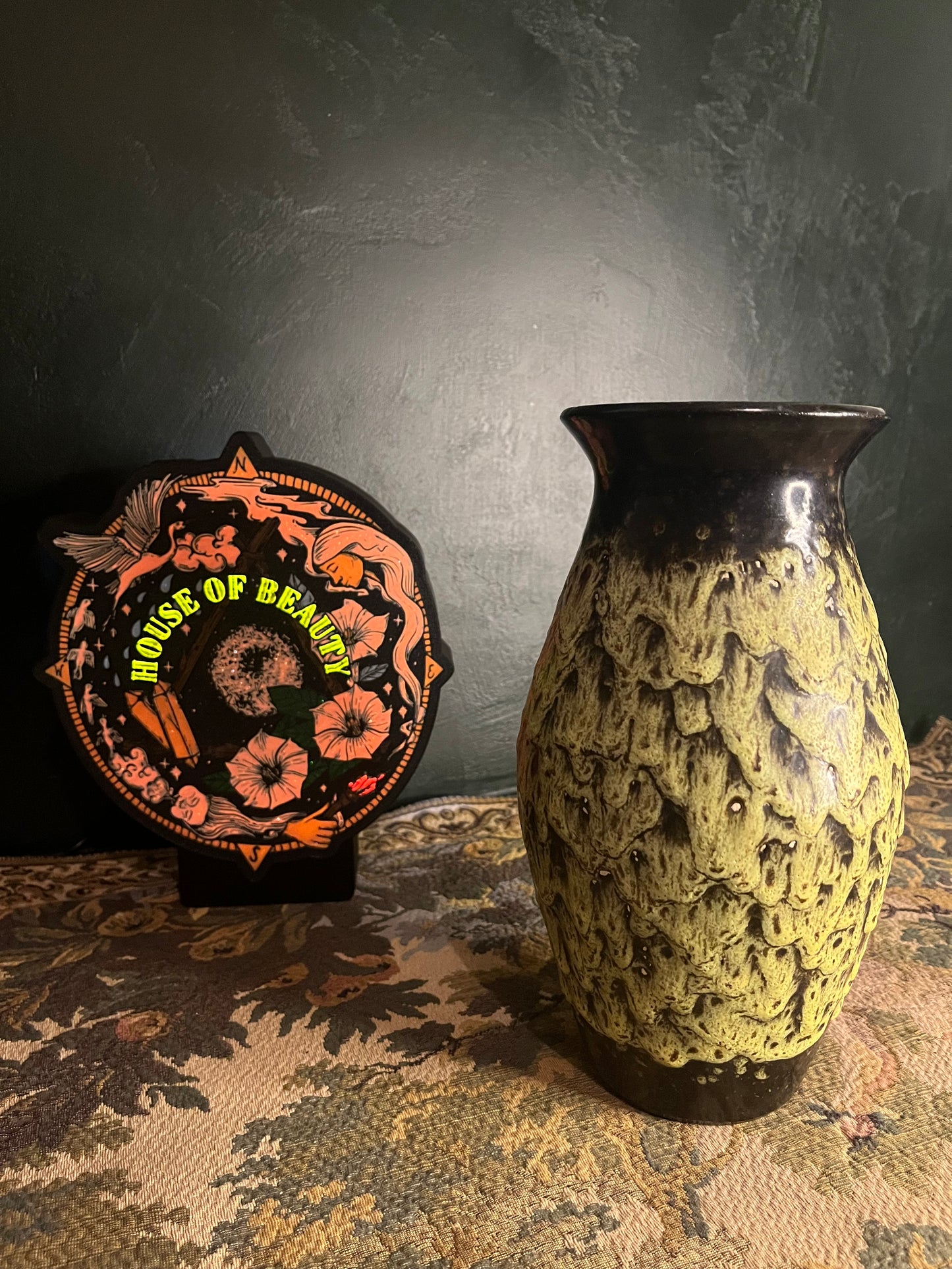 Vintage Jasba Fat Lava Vaas - Geel/Groen Kraterglazuur - West Germany - 25cm