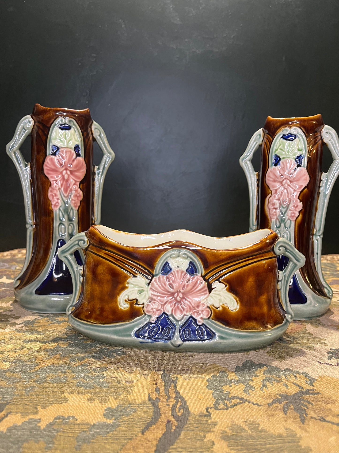 Waechtersbacher Jugendstil Kaststel 3-delig - Majolica Cache Pot & Vazen ca. 1900