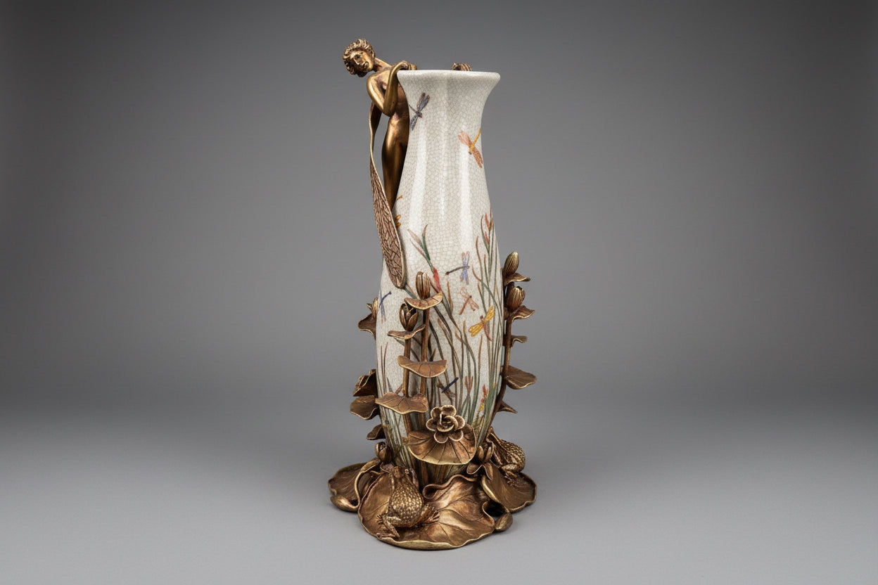 Jugendstilvase mit Bronzedekor – Porzellan mit Elfen und Fröschen