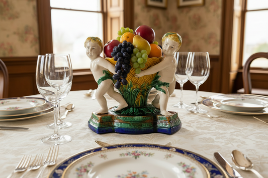 imposante fruitschaal met fruit op een gedekte tafel