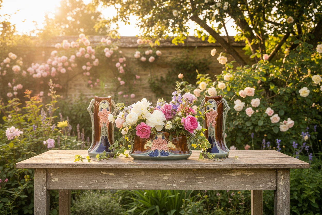 Waechtersbacher Jugendstil kaststel met vazen uit elkaar in romantische tuin