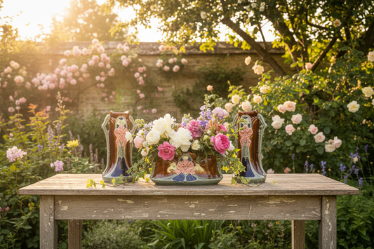 Waechtersbacher Jugendstil kaststel met vazen uit elkaar in romantische tuin
